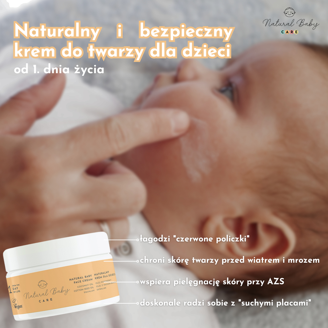 Naturalny krem do twarzy dla dzieci, aplikacja na delikatną skórę niemowlęcia, naturalne składniki.
