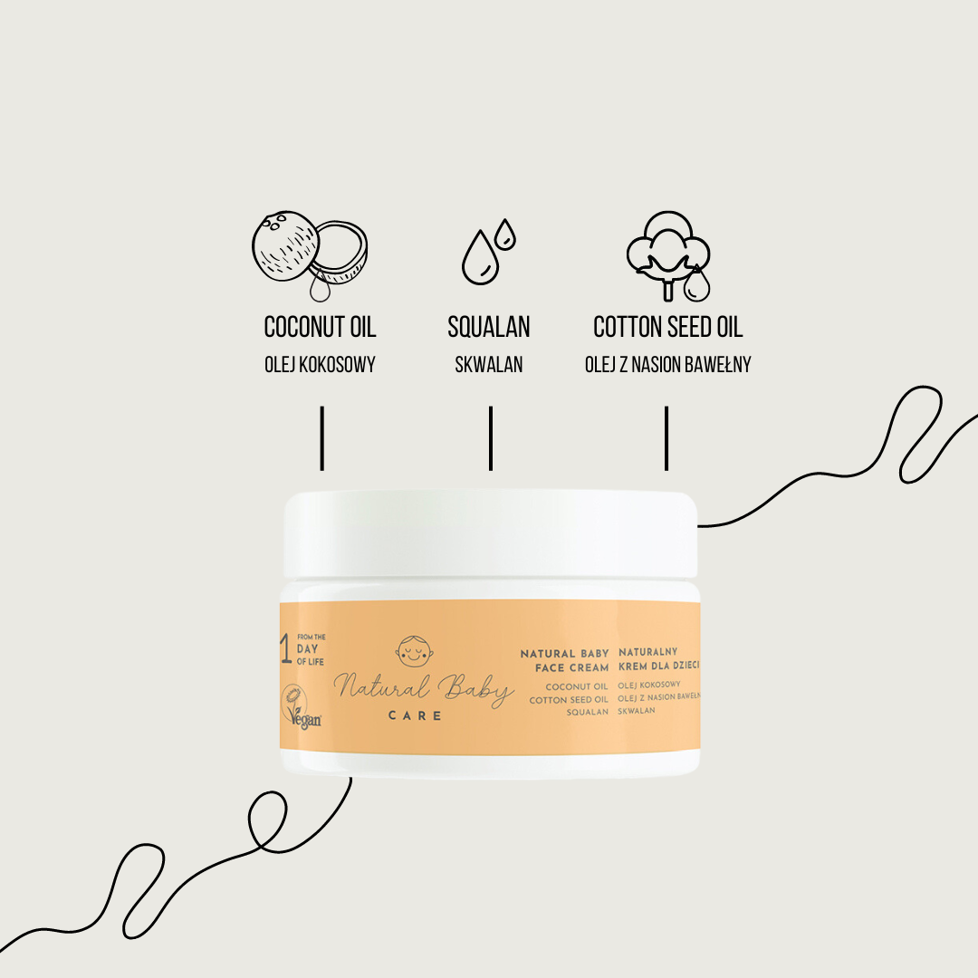 Naturalny krem do twarzy dla dzieci z olejem kokosowym, skwalanem i olejem z nasion bawełny.
