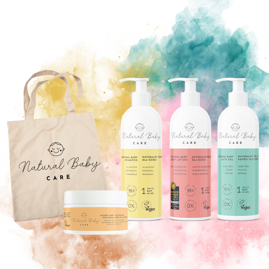 A set of natural cosmetics for children with a jute bag